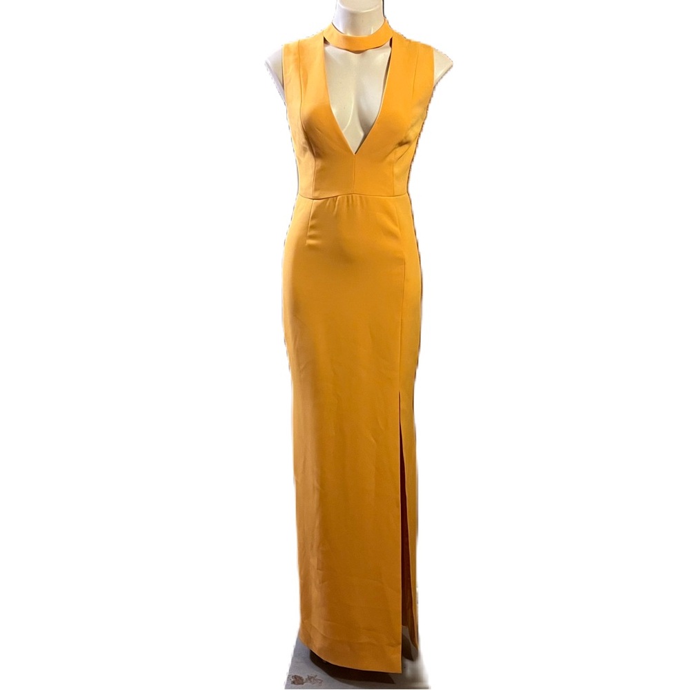 Sandy LaPointe long yellow v-neck dress choker collar